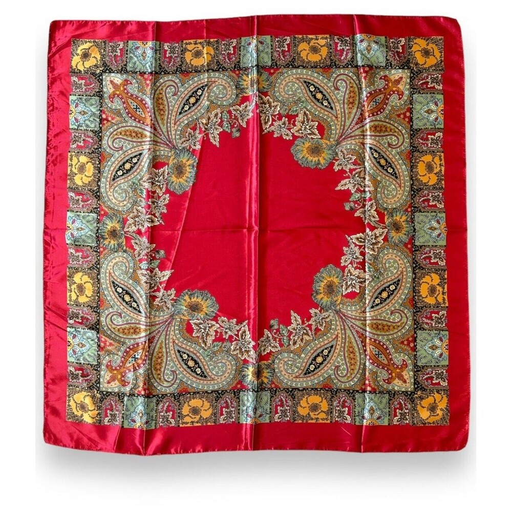 Red Bandana Scarf With Yellow Floral Unisex Vtg Headscarf Tied 35” X 35” Scarve